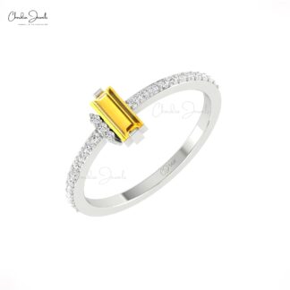 Real 14k Gold Baguette Dainty Ring With 0.32 Ct Citrine And Diamond Minimal Rings For Her