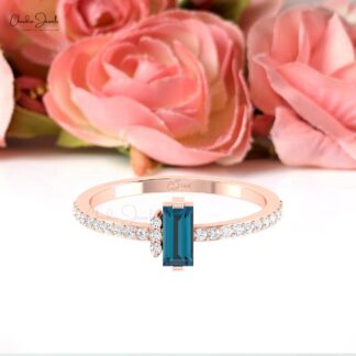 Baguette London Blue Topaz Ring In 14k Real Gold Pave Diamond Engagement Jewelry