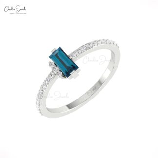 Baguette London Blue Topaz Ring In 14k Real Gold Pave Diamond Engagement Jewelry