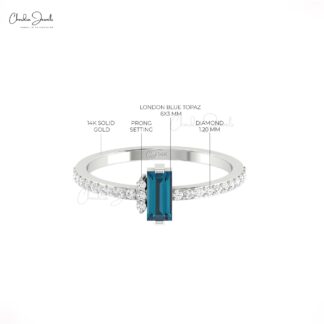Baguette London Blue Topaz Ring In 14k Real Gold Pave Diamond Engagement Jewelry