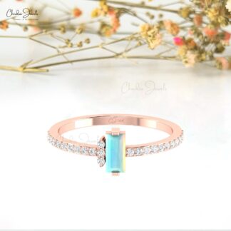 Baguette Engagement Ring In 14k Real Gold Fire Opal 6x3mm Gemstone Diamond Dainty Rings