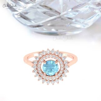 Floral Halo Diamond Ring In 14k Real Gold Aquamarine 6mm Round And G-H Diamond Rings