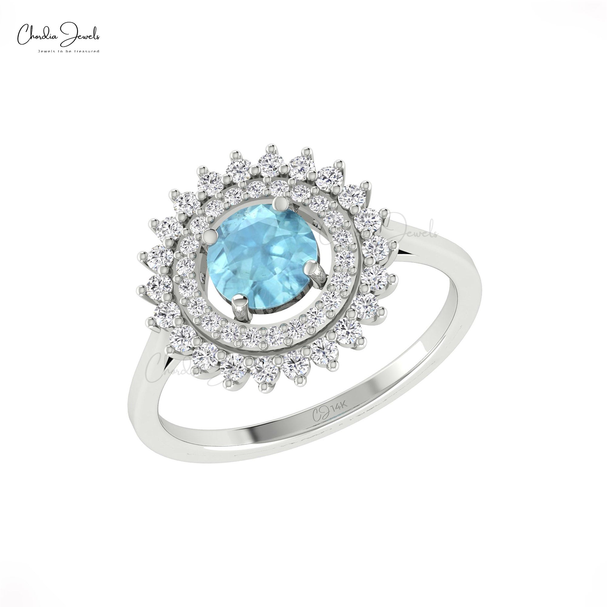 Floral Halo Diamond Ring In 14k Real Gold Aquamarine 6mm Round And G-H Diamond Rings