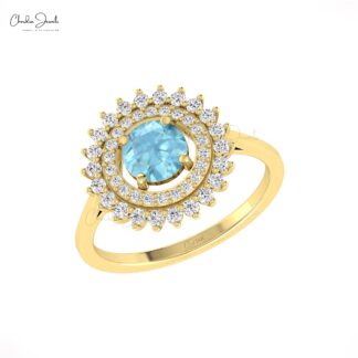 Floral Halo Diamond Ring In 14k Real Gold Aquamarine 6mm Round And G-H Diamond Rings