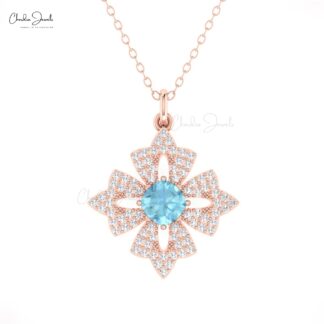 Dangle Unique Pendant In Pure 14k Gold Aquamarine And Diamond Floral Hallmark Necklace