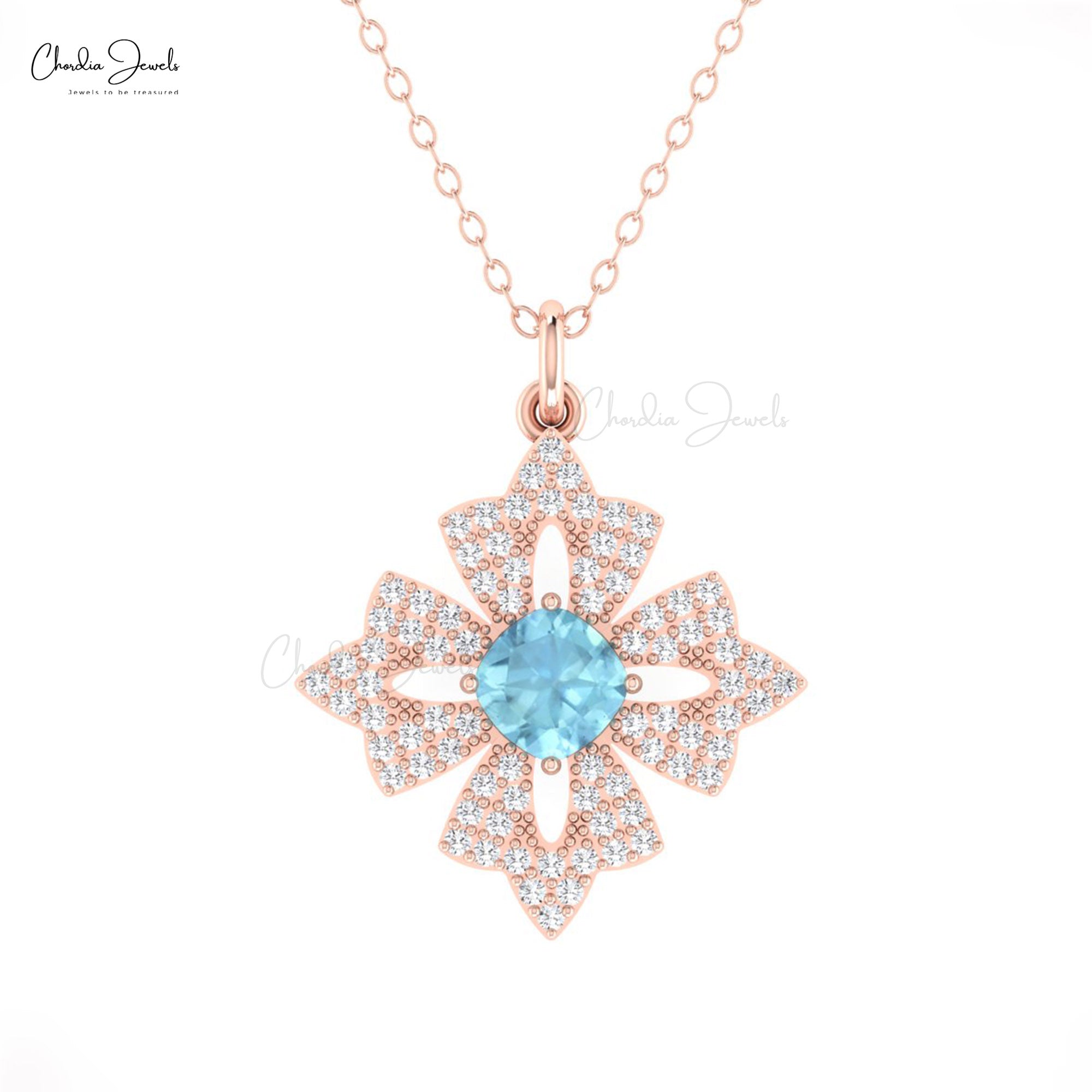 Dangle Unique Pendant In Pure 14k Gold Aquamarine And Diamond Floral Hallmark Necklace