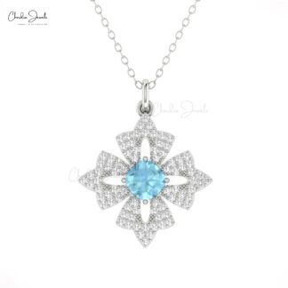 Dangle Unique Pendant In Pure 14k Gold Aquamarine And Diamond Floral Hallmark Necklace