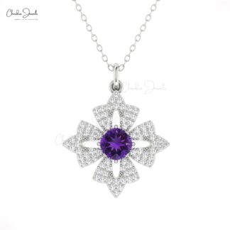 Dual Birthstone Floral Pendant With 5mm Amethyst And Diamond 14k Real Gold Fine Jewelry