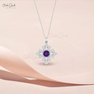 Dual Birthstone Floral Pendant With 5mm Amethyst And Diamond 14k Real Gold Fine Jewelry