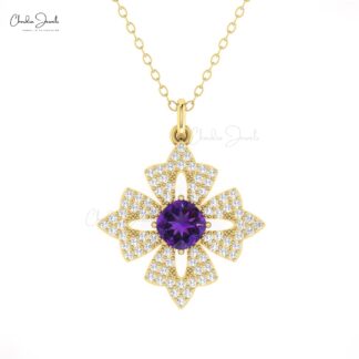 Dual Birthstone Floral Pendant With 5mm Amethyst And Diamond 14k Real Gold Fine Jewelry