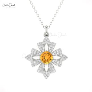 Real 14k Gold Daisy Diamond Pendant With 5mm Citrine November Birthstone Dangle Necklace
