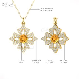 Real 14k Gold Daisy Diamond Pendant With 5mm Citrine November Birthstone Dangle Necklace