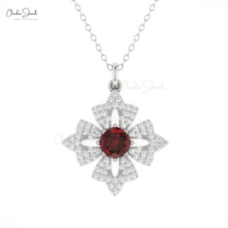 Dainty Cluster Diamond Pendant In Real 14k Gold Red Garnet 5mm Gemstone Floral Pendants
