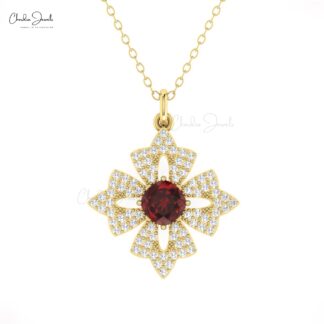 Dainty Cluster Diamond Pendant In Real 14k Gold Red Garnet 5mm Gemstone Floral Pendants