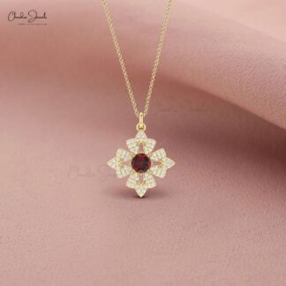 Dainty Cluster Diamond Pendant In Real 14k Gold Red Garnet 5mm Gemstone Floral Pendants