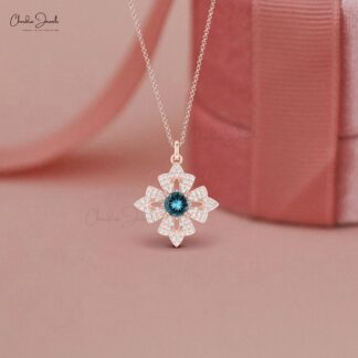 Daisy Floral Cushion Pendant In 14k Real Gold London Blue Topaz And Diamond Necklace