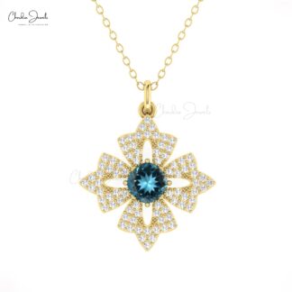 Daisy Floral Cushion Pendant In 14k Real Gold London Blue Topaz And Diamond Necklace