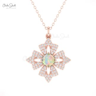 Floral Cluster Women Pendant In Real 14kl Gold Fire Opal 0.6 Ct Gemstone Diamond Pendants