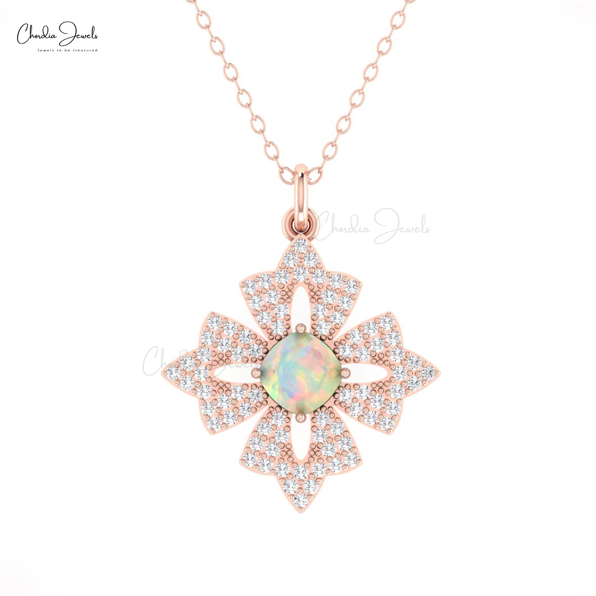 Floral Cluster Women Pendant In Real 14kl Gold Fire Opal 0.6 Ct Gemstone Diamond Pendants