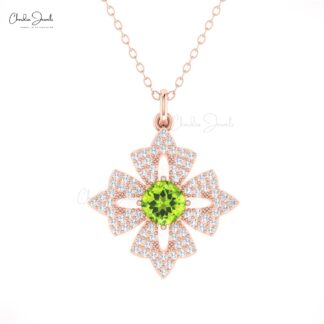 Cushion Dangle Pendant With 5mm Peridot And Diamond Floral Necklace In 14k Gold Jewelry