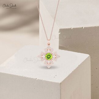 Cushion Dangle Pendant With 5mm Peridot And Diamond Floral Necklace In 14k Gold Jewelry