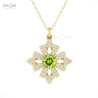 Cushion Dangle Pendant With 5mm Peridot And Diamond Floral Necklace In 14k Gold Jewelry