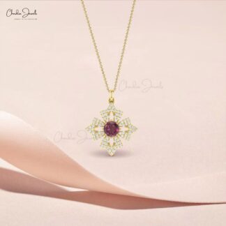 Dangle Wedding Pendant In Solid 14k Gold Rhodolite Garnet 5mm And Diamond Bridal Pendant