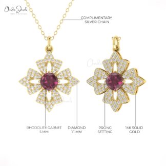 Dangle Wedding Pendant In Solid 14k Gold Rhodolite Garnet 5mm And Diamond Bridal Pendant