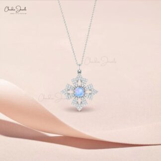 Dangle Diamond Cluster Pendant With 5mm Rainbow Moonstone Floral Pendants In 14k Real Gold