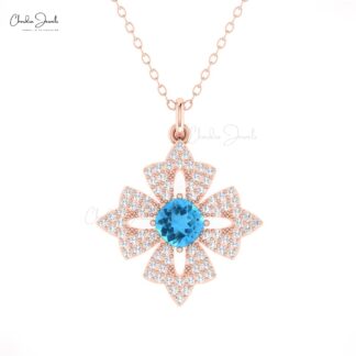 Gemstone Floral Pendant With 0.6 Ct Swiss Blue Topaz Diamond Dangle Necklace In 14k Gold