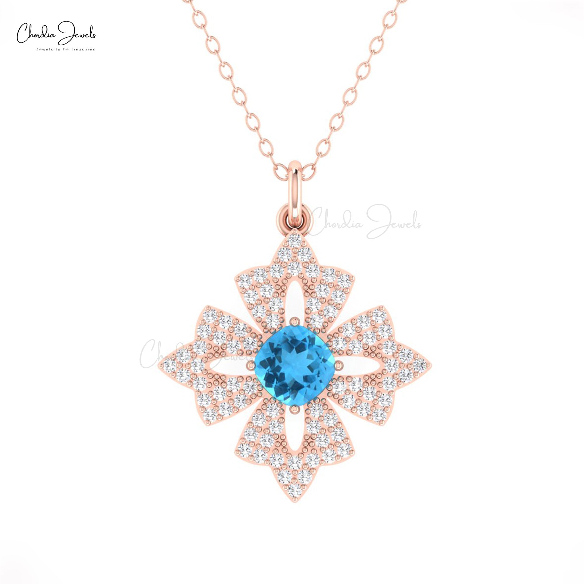 Gemstone Floral Pendant With 0.6 Ct Swiss Blue Topaz Diamond Dangle Necklace In 14k Gold