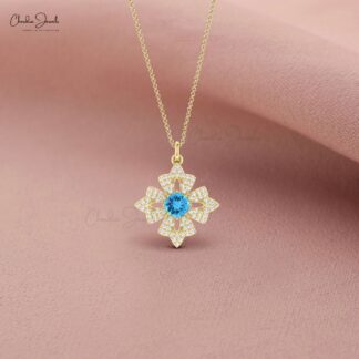 Gemstone Floral Pendant With 0.6 Ct Swiss Blue Topaz Diamond Dangle Necklace In 14k Gold