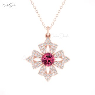 Cluster Diamond Pendant With 0.6 Ct Pink Tourmaline 14k Solid Gold Floral Women Pendants