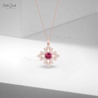 Cluster Diamond Pendant With 0.6 Ct Pink Tourmaline 14k Solid Gold Floral Women Pendants