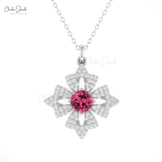 Cluster Diamond Pendant With 0.6 Ct Pink Tourmaline 14k Solid Gold Floral Women Pendants