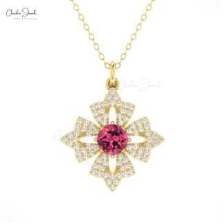 Cluster Diamond Pendant With 0.6 Ct Pink Tourmaline 14k Solid Gold Floral Women Pendants