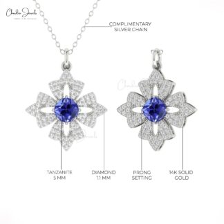 Floral Cushion Cut Pendant In 14k Real Gold Tanzanite 5mm Gemstone And Diamond Necklace