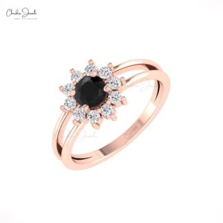 Split Shank Diamond Halo Ring In 14k Pure Gold Black Diamond April Birthstone Bridal Rings