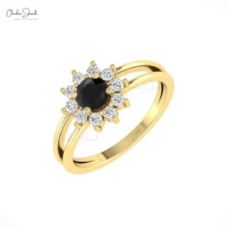 Split Shank Diamond Halo Ring In 14k Pure Gold Black Diamond April Birthstone Bridal Rings