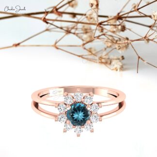 Solid 14k Gold Split Shank Ring With 0.4 Ct London Blue Topaz Halo Diamond Bridal Ring