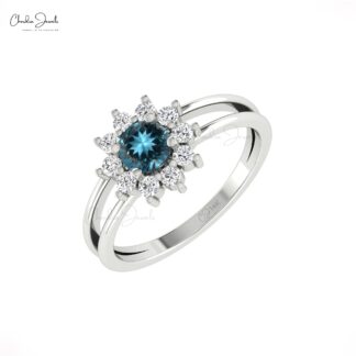Solid 14k Gold Split Shank Ring With 0.4 Ct London Blue Topaz Halo Diamond Bridal Ring