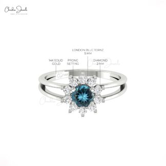 Solid 14k Gold Split Shank Ring With 0.4 Ct London Blue Topaz Halo Diamond Bridal Ring