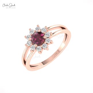 Round Rhodolite Garnet Split Shank Ring In Solid 14k Gold Diamond Cluster Fine Jewelry