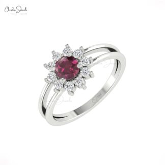 Round Rhodolite Garnet Split Shank Ring In Solid 14k Gold Diamond Cluster Fine Jewelry