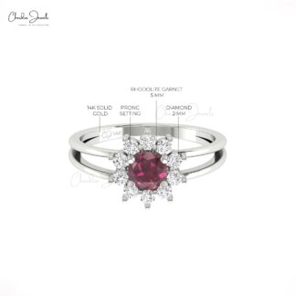 Round Rhodolite Garnet Split Shank Ring In Solid 14k Gold Diamond Cluster Fine Jewelry