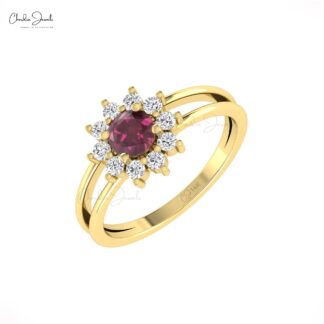 Round Rhodolite Garnet Split Shank Ring In Solid 14k Gold Diamond Cluster Fine Jewelry