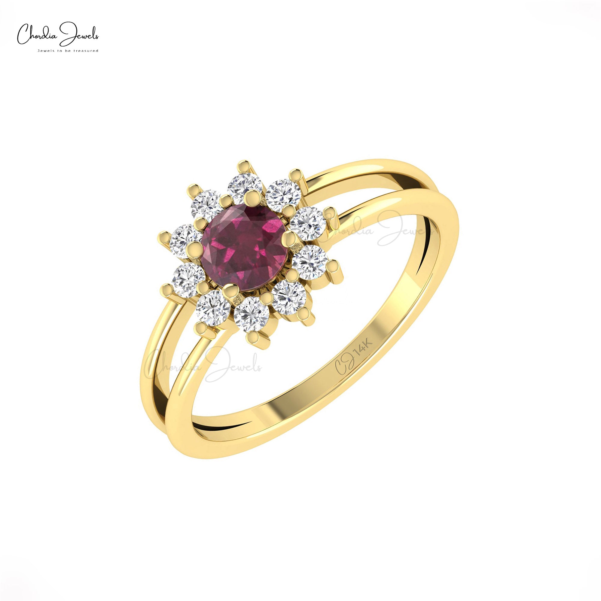 Round Rhodolite Garnet Split Shank Ring In Solid 14k Gold Diamond Cluster Fine Jewelry