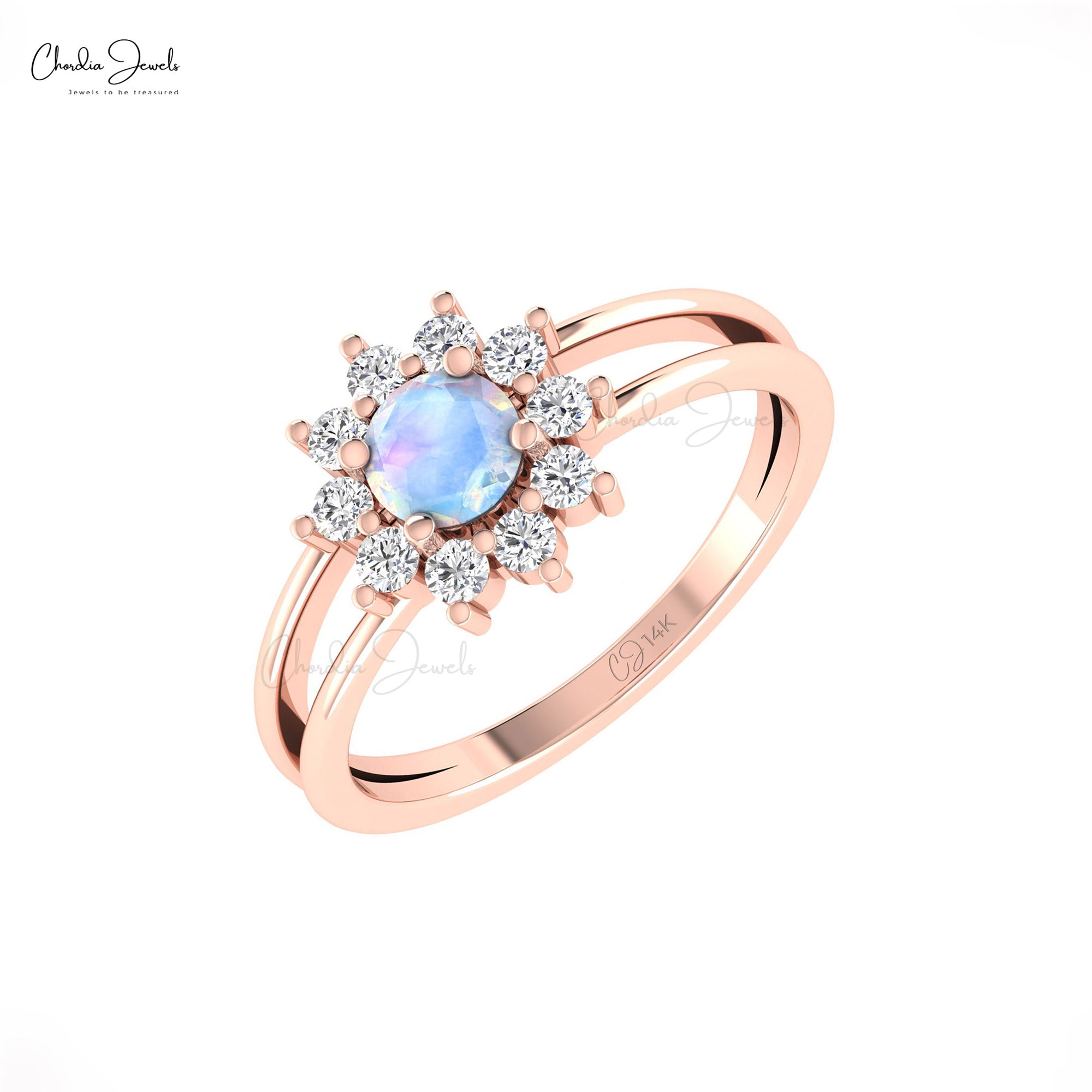 Halo Split Shank Women Ring In 14k Solid Gold Rainbow Moonstone Diamond Promise Rings
