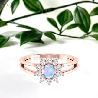 Halo Split Shank Women Ring In 14k Solid Gold Rainbow Moonstone Diamond Promise Rings