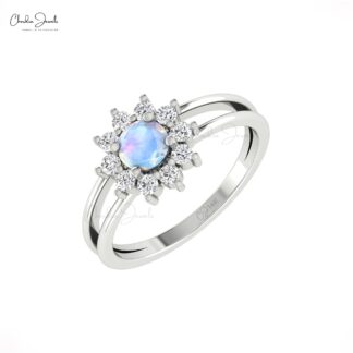 Halo Split Shank Women Ring In 14k Solid Gold Rainbow Moonstone Diamond Promise Rings